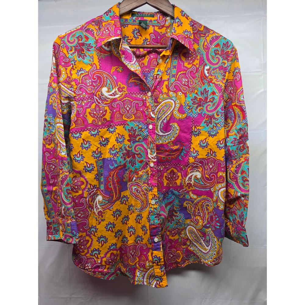 Lauren Ralph Lauren 100% Cotton Paisley Shirt L Bright Pink Orange Boho Coastal - Picture 2 of 9